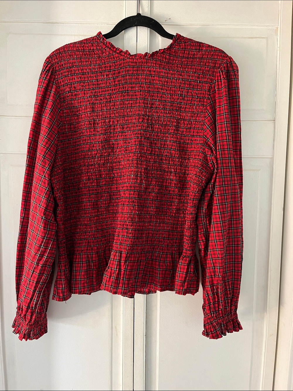 Old Navy Red Plaid Smocked Ruffle-Neck Blouse, XL